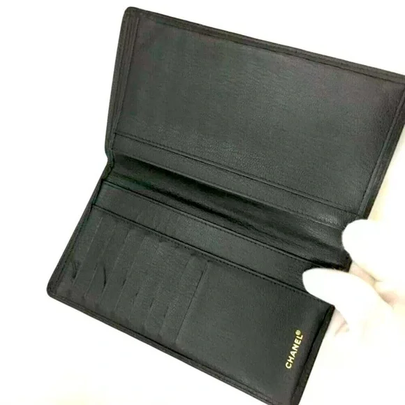 ❌SOLD❌Authentic CHANEL CC Logo Black Leather X Gold Long Wallet W/ Serial Card - Picture 5 of 8